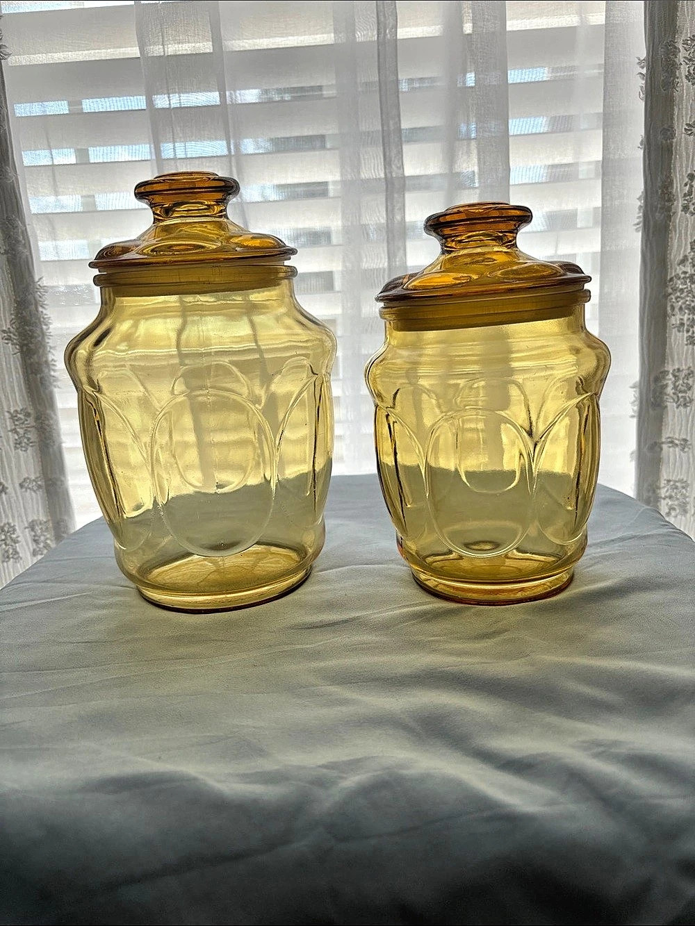 Vintage Thumbprint Amber Glass Lidded Canister Jars (Set of 2)
